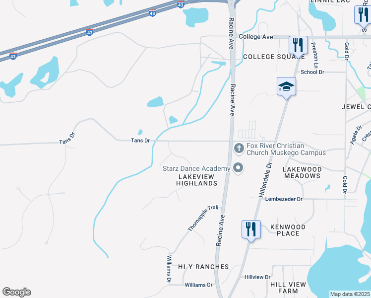 map of restaurants, bars, coffee shops, grocery stores, and more near W198S6762 Adrian Drive in Muskego