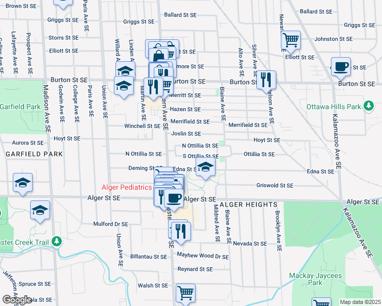 map of restaurants, bars, coffee shops, grocery stores, and more near 849 South Ottillia Street Southeast in Grand Rapids
