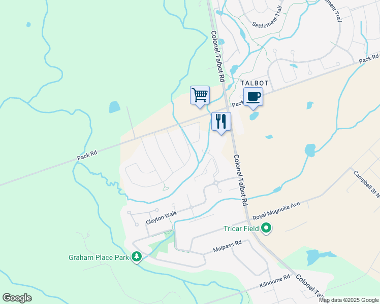 map of restaurants, bars, coffee shops, grocery stores, and more near SIlver Creek Circle in London