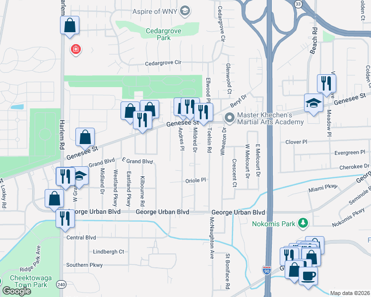map of restaurants, bars, coffee shops, grocery stores, and more near 78 Andres Place in Buffalo