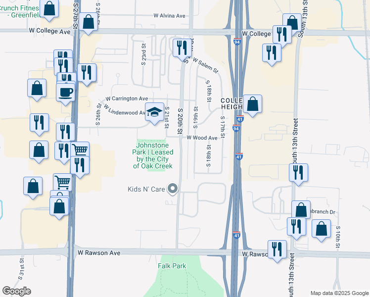 map of restaurants, bars, coffee shops, grocery stores, and more near 6745 South 20th Street in Oak Creek