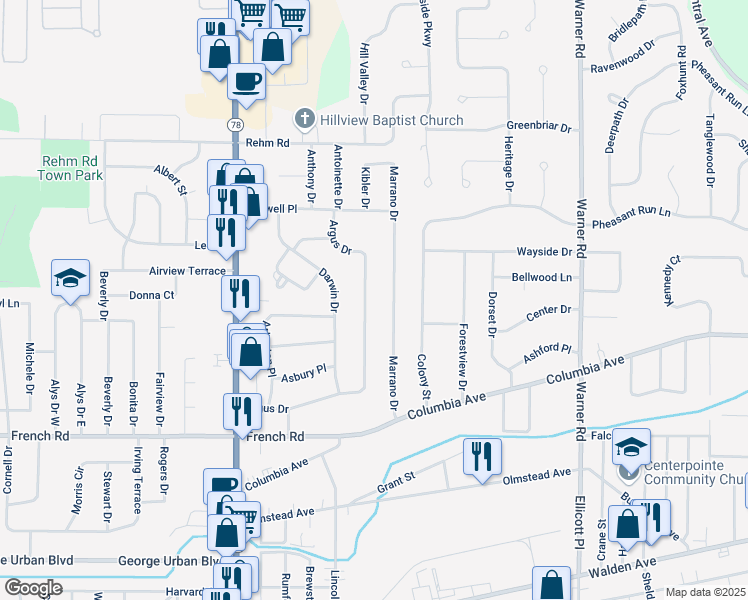 map of restaurants, bars, coffee shops, grocery stores, and more near 234 Argus Drive in Depew