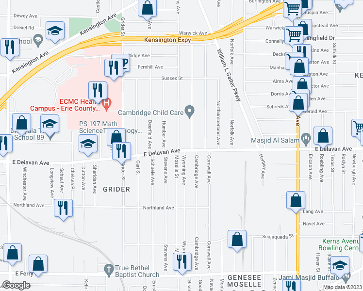 map of restaurants, bars, coffee shops, grocery stores, and more near 899 East Delavan Avenue in Buffalo
