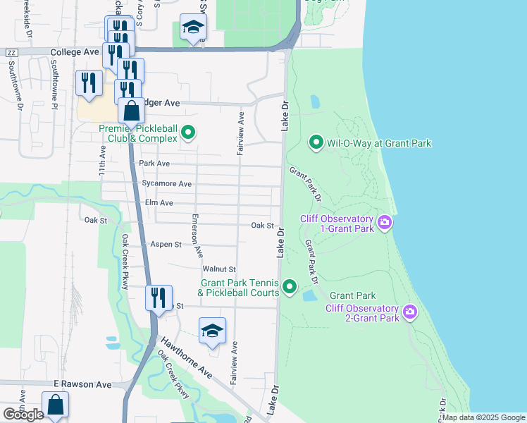 map of restaurants, bars, coffee shops, grocery stores, and more near 512 Oak Street in South Milwaukee
