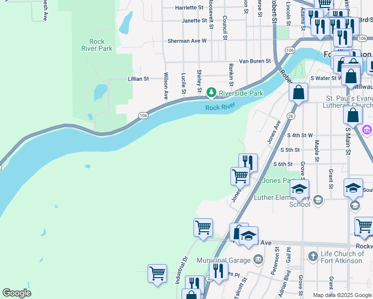 map of restaurants, bars, coffee shops, grocery stores, and more near N2195 Jones Avenue in Fort Atkinson