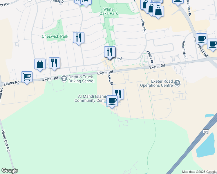 map of restaurants, bars, coffee shops, grocery stores, and more near 45 Meg Drive in London
