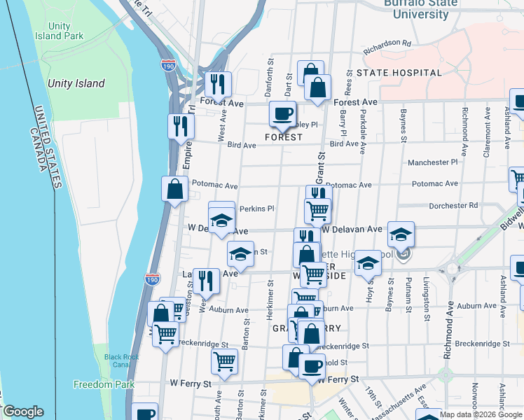 map of restaurants, bars, coffee shops, grocery stores, and more near 148 West Delavan Avenue in Buffalo