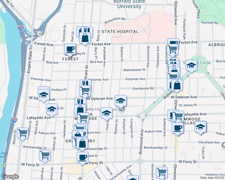 map of restaurants, bars, coffee shops, grocery stores, and more near 267 Hoyt Street in Buffalo