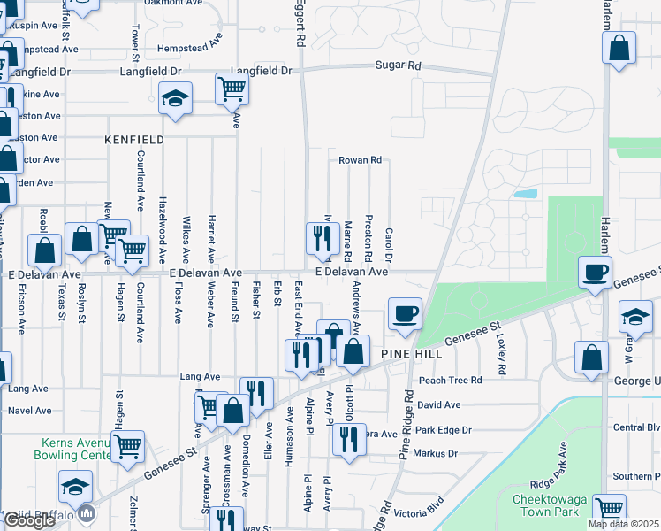 map of restaurants, bars, coffee shops, grocery stores, and more near 1581 East Delavan Avenue in Buffalo