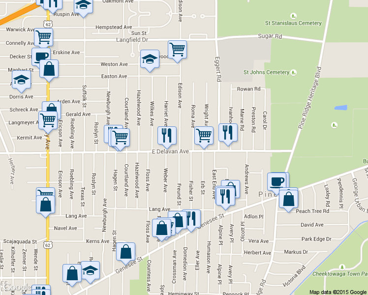 map of restaurants, bars, coffee shops, grocery stores, and more near 1463 East Delavan Avenue in Buffalo