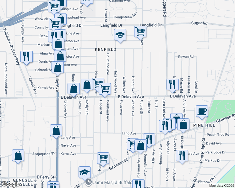 map of restaurants, bars, coffee shops, grocery stores, and more near 1385 East Delavan Avenue in Buffalo