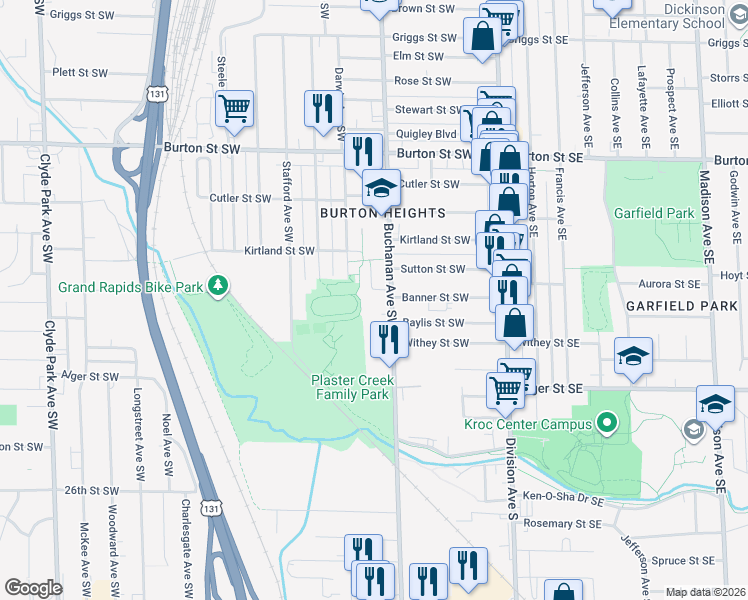 map of restaurants, bars, coffee shops, grocery stores, and more near 2259 Buchanan Avenue Southwest in Grand Rapids