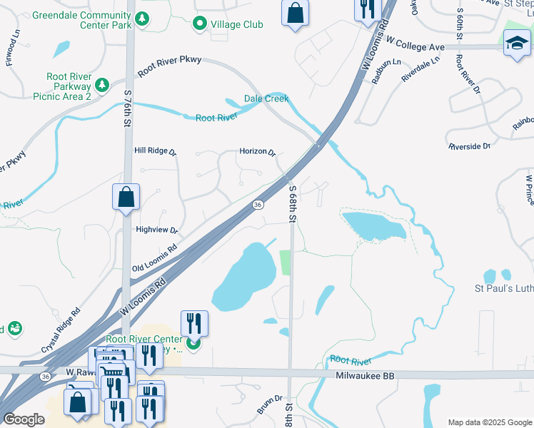 map of restaurants, bars, coffee shops, grocery stores, and more near 6771 South 68th Street in Franklin