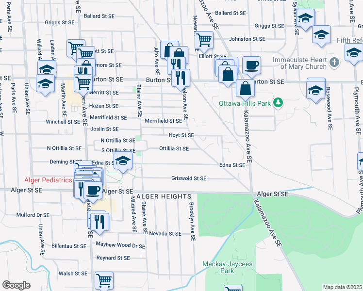 map of restaurants, bars, coffee shops, grocery stores, and more near 1137 Ottillia Street Southeast in Grand Rapids