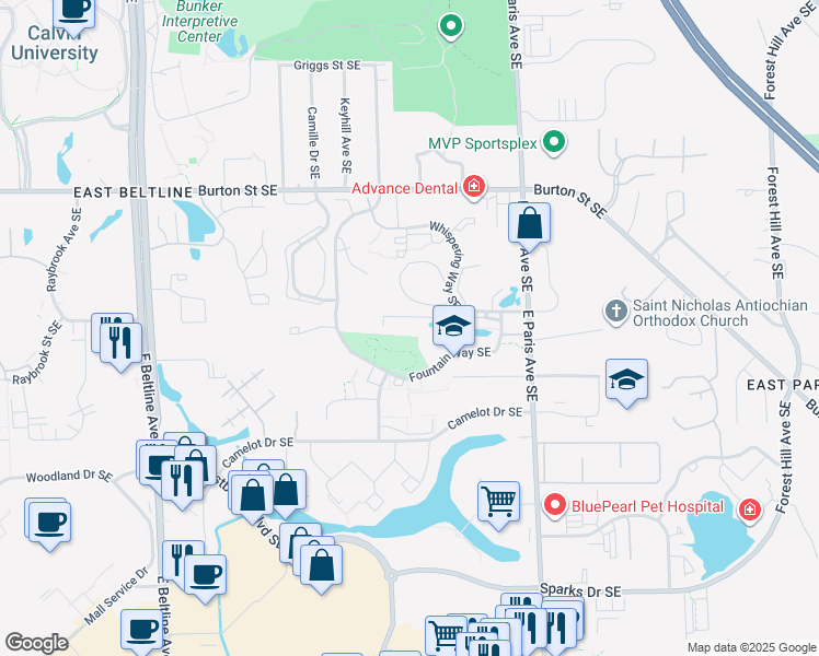 map of restaurants, bars, coffee shops, grocery stores, and more near 3956 Whispering Way Southeast in Grand Rapids