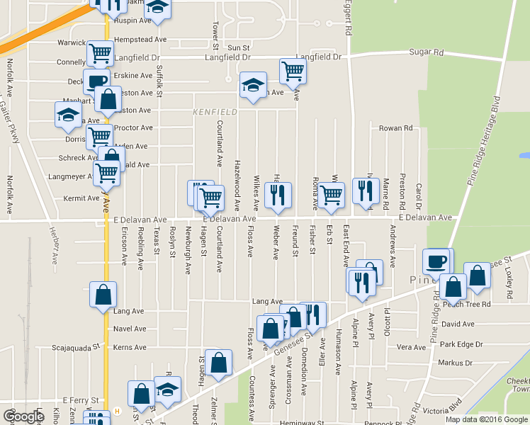 map of restaurants, bars, coffee shops, grocery stores, and more near 1424 East Delavan Avenue in Buffalo