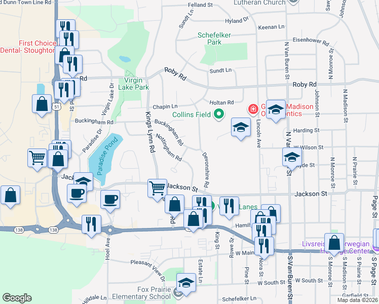 map of restaurants, bars, coffee shops, grocery stores, and more near 453 Nottingham Road in Stoughton