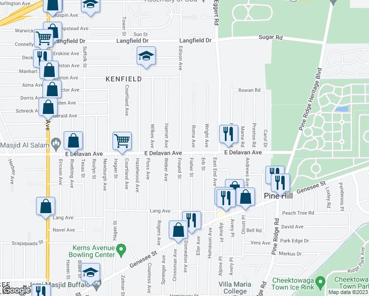 map of restaurants, bars, coffee shops, grocery stores, and more near 1486 East Delavan Avenue in Buffalo