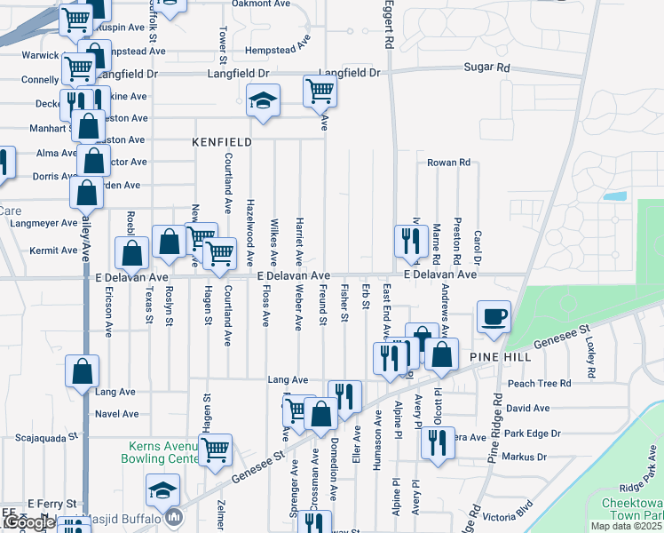 map of restaurants, bars, coffee shops, grocery stores, and more near 1463 East Delavan Avenue in Buffalo