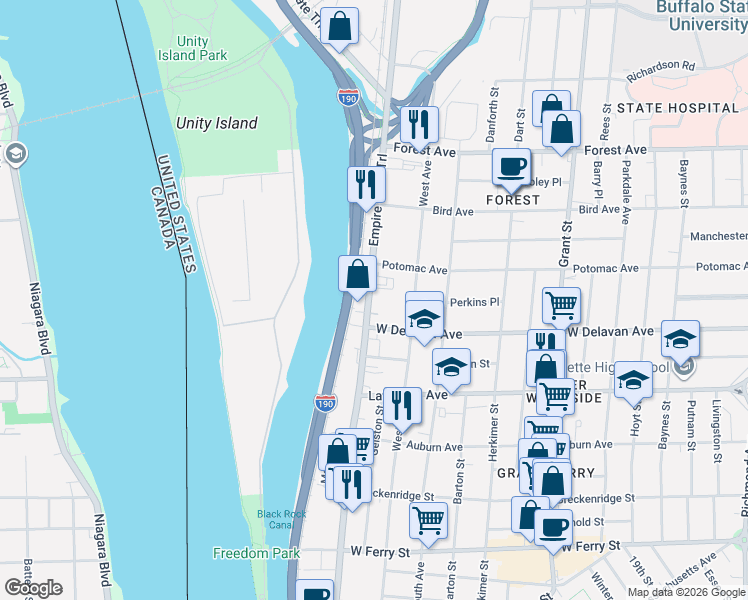 map of restaurants, bars, coffee shops, grocery stores, and more near 1433 Niagara Street in Buffalo