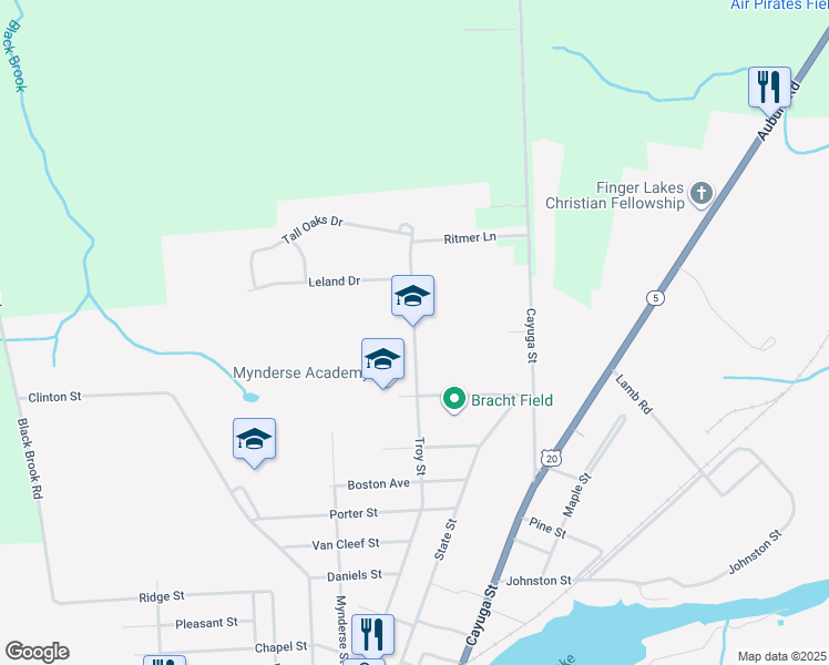 map of restaurants, bars, coffee shops, grocery stores, and more near 105 Troy Street in Seneca Falls