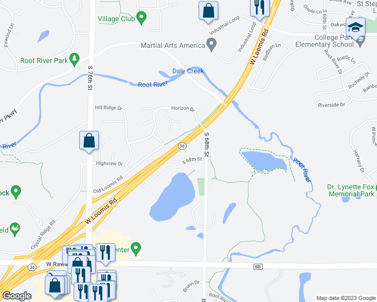 map of restaurants, bars, coffee shops, grocery stores, and more near 6771 South 68th Street in Franklin