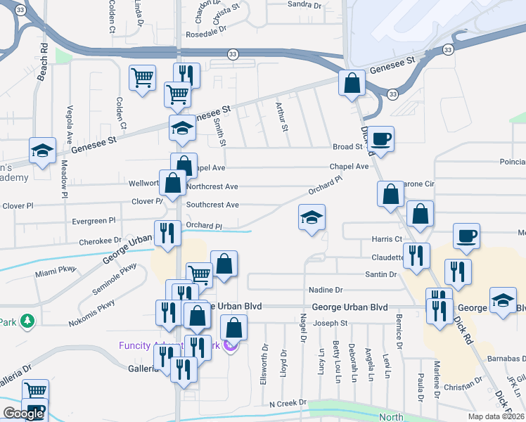 map of restaurants, bars, coffee shops, grocery stores, and more near 169 Orchard Place in Cheektowaga
