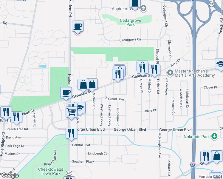 map of restaurants, bars, coffee shops, grocery stores, and more near 229 East Grand Boulevard in Cheektowaga