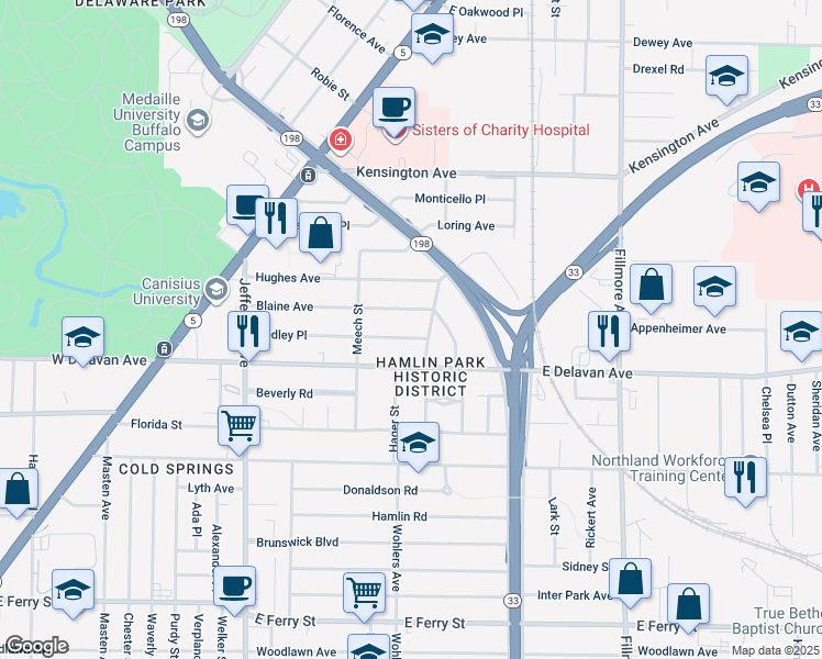 map of restaurants, bars, coffee shops, grocery stores, and more near 169 Hedley Place in Buffalo