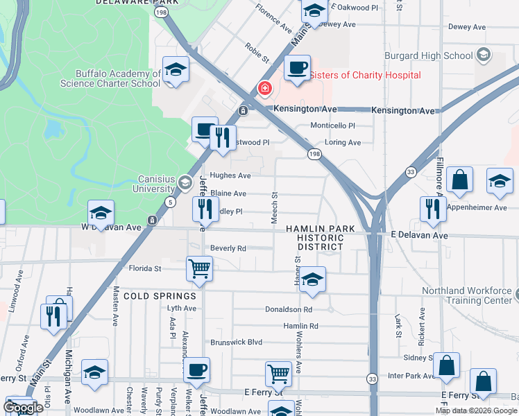 map of restaurants, bars, coffee shops, grocery stores, and more near 180 East Delavan Avenue in Buffalo
