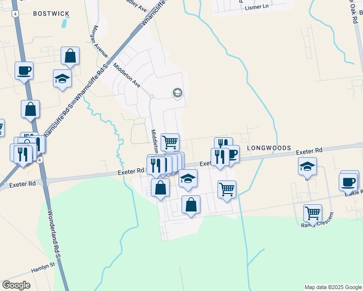 map of restaurants, bars, coffee shops, grocery stores, and more near 150 Exeter Road in London