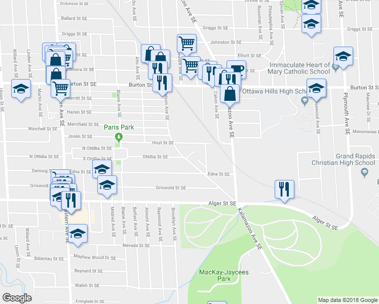 map of restaurants, bars, coffee shops, grocery stores, and more near 2254 Nelson Avenue Southeast in Grand Rapids