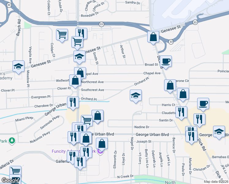 map of restaurants, bars, coffee shops, grocery stores, and more near 169 Orchard Place in Cheektowaga