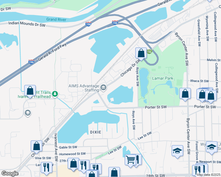 map of restaurants, bars, coffee shops, grocery stores, and more near 2860 Chicago Drive Southwest in Wyoming