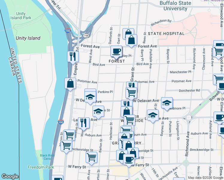 map of restaurants, bars, coffee shops, grocery stores, and more near 357 Herkimer Street in Buffalo