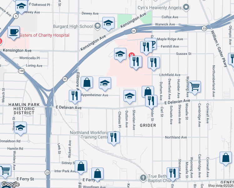 map of restaurants, bars, coffee shops, grocery stores, and more near 286 Chelsea Place in Buffalo