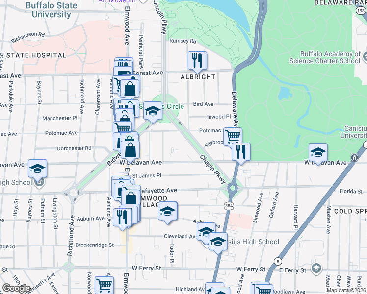 map of restaurants, bars, coffee shops, grocery stores, and more near 750 West Delavan Avenue in Buffalo