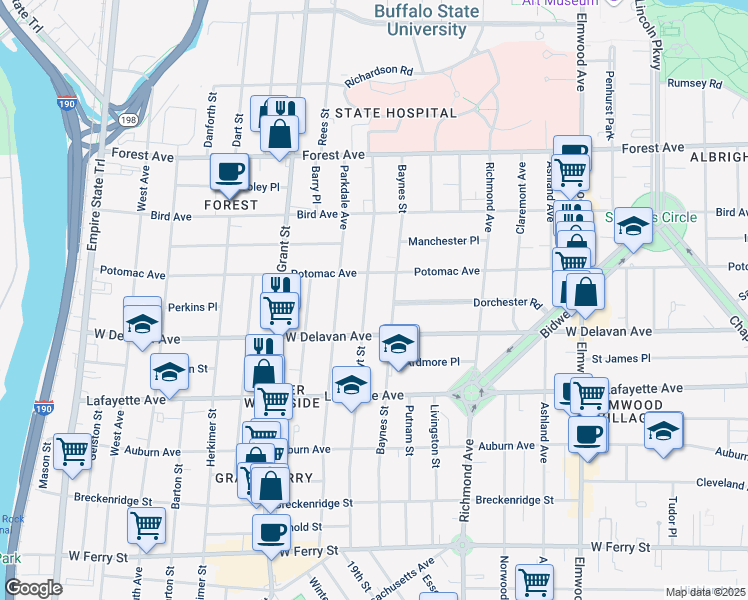 map of restaurants, bars, coffee shops, grocery stores, and more near 250 Hoyt Street in Buffalo
