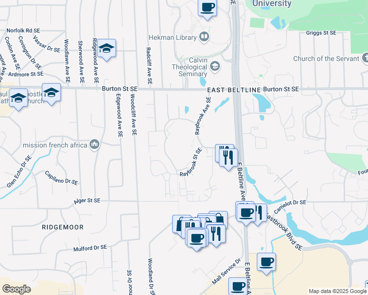 map of restaurants, bars, coffee shops, grocery stores, and more near 2201-2295 Raybrook Ave SE in Grand Rapids