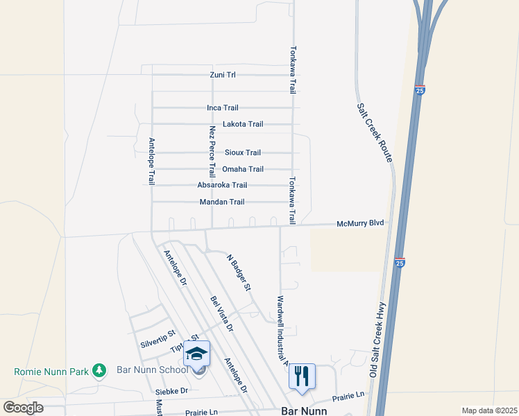 map of restaurants, bars, coffee shops, grocery stores, and more near 5310 Apache Circle in Bar Nunn