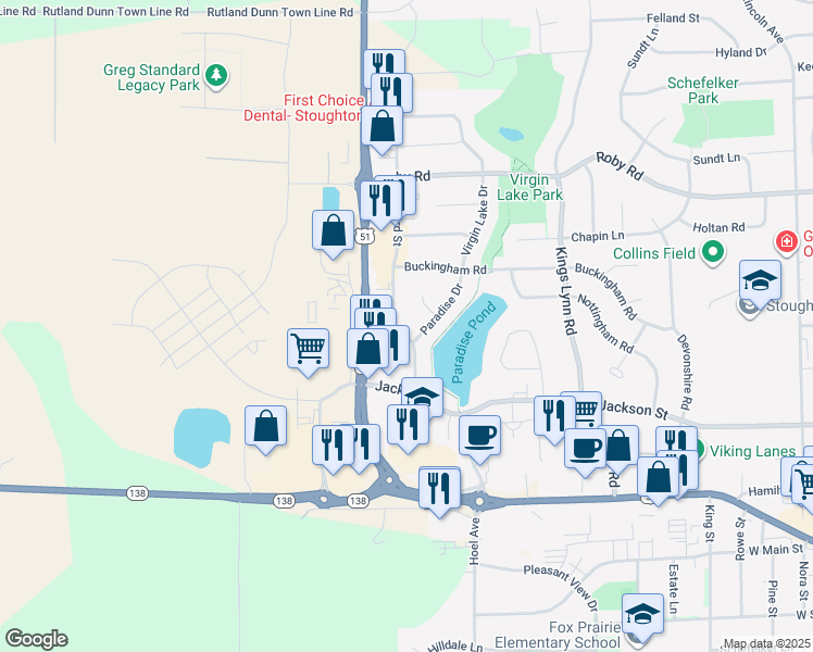 map of restaurants, bars, coffee shops, grocery stores, and more near 524 Nygaard Street in Stoughton