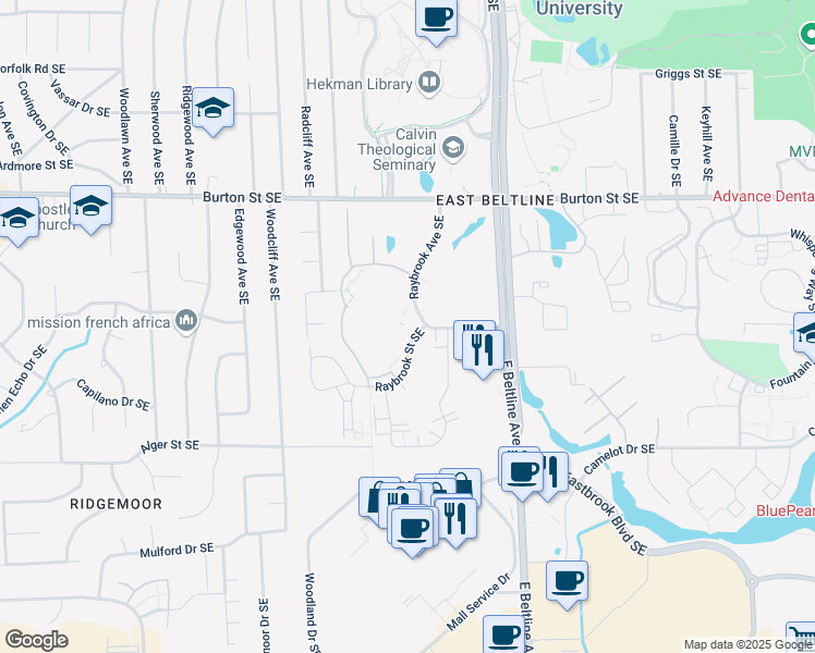 map of restaurants, bars, coffee shops, grocery stores, and more near 2251 Raybrook Street Southeast in Grand Rapids