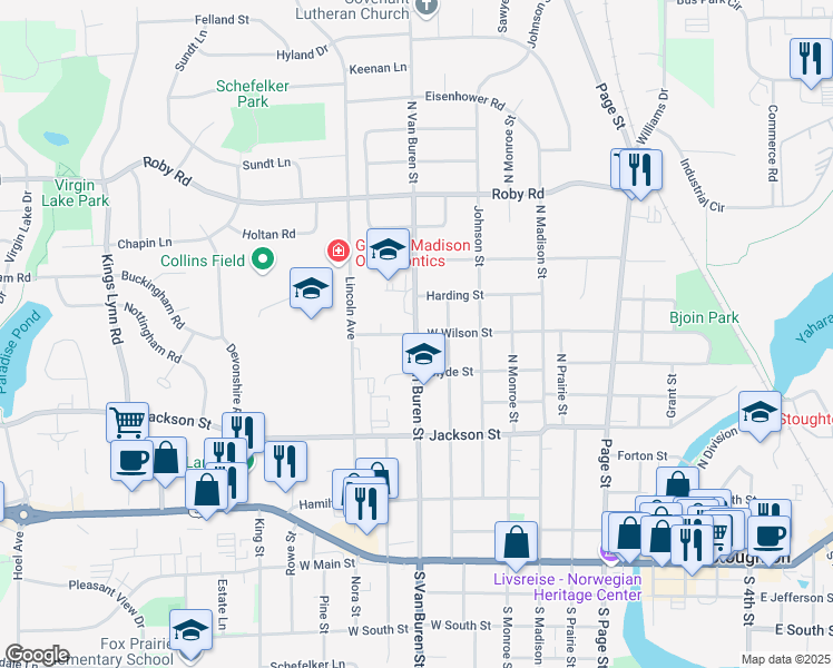 map of restaurants, bars, coffee shops, grocery stores, and more near 900 West Wilson Street in Stoughton