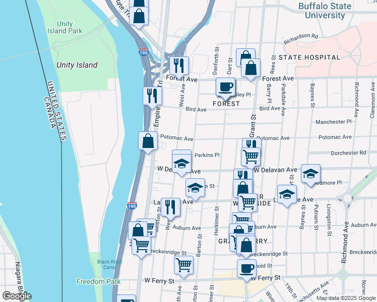 map of restaurants, bars, coffee shops, grocery stores, and more near 96 Potomac Avenue in Buffalo