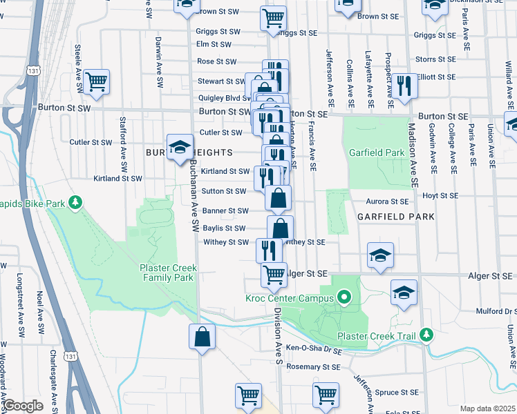 map of restaurants, bars, coffee shops, grocery stores, and more near 23 Banner Southwest in Grand Rapids