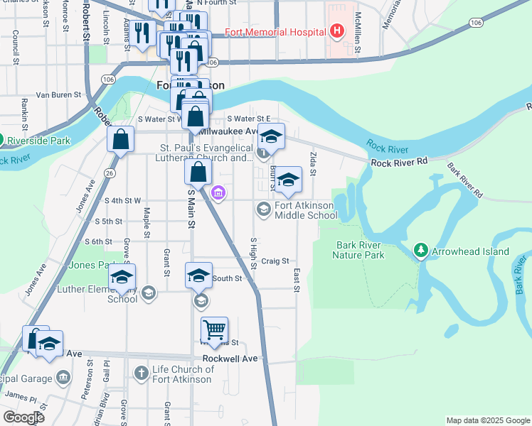 map of restaurants, bars, coffee shops, grocery stores, and more near 310 South 4th Street East in Fort Atkinson