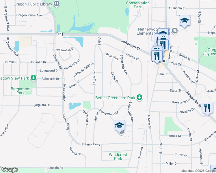 map of restaurants, bars, coffee shops, grocery stores, and more near 280 Ash Street in Oregon