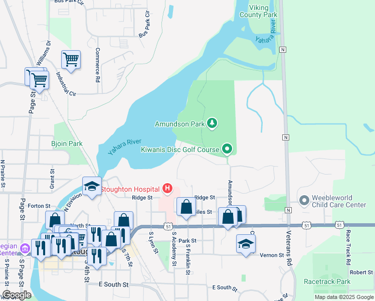 map of restaurants, bars, coffee shops, grocery stores, and more near 1016 Skogdalen Drive in Stoughton