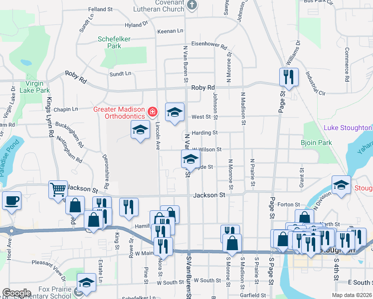 map of restaurants, bars, coffee shops, grocery stores, and more near 627 North Van Buren Street in Stoughton