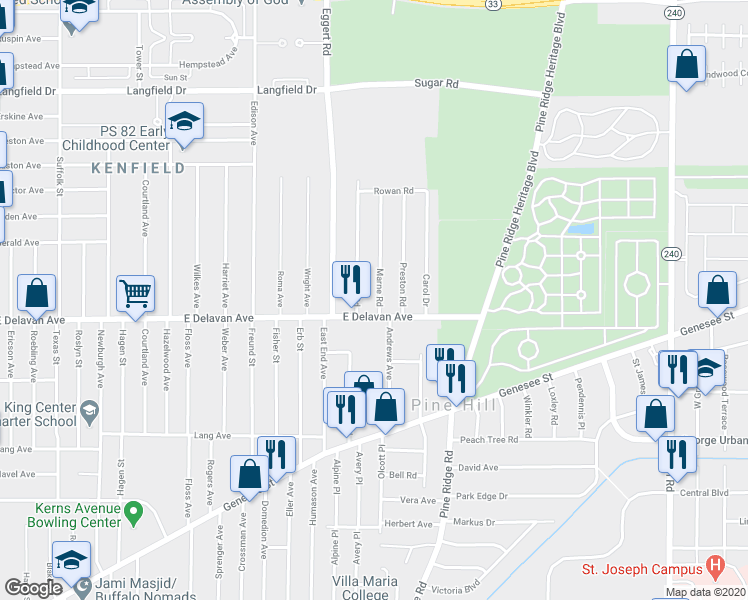 map of restaurants, bars, coffee shops, grocery stores, and more near 27 Marne Road in Cheektowaga